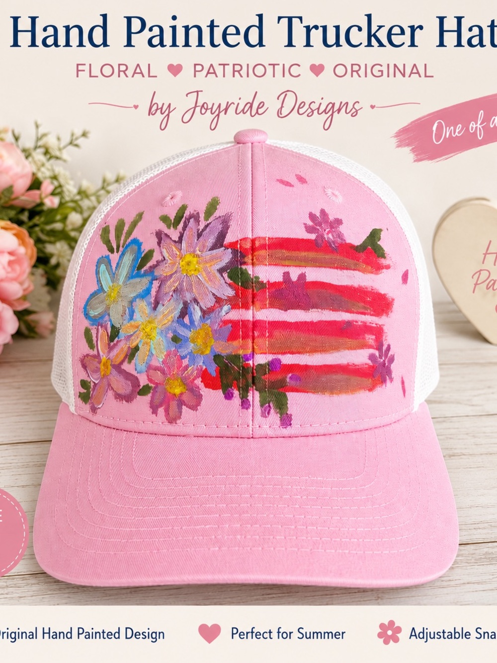 Pink Hand-Painted Floral Trucker Hat Americana